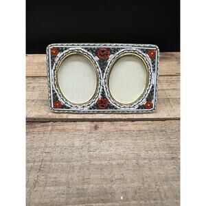 Vintage Brass Micro Mosaic Double Oval Photo Frame Rose Vanity Mini Easel Stand